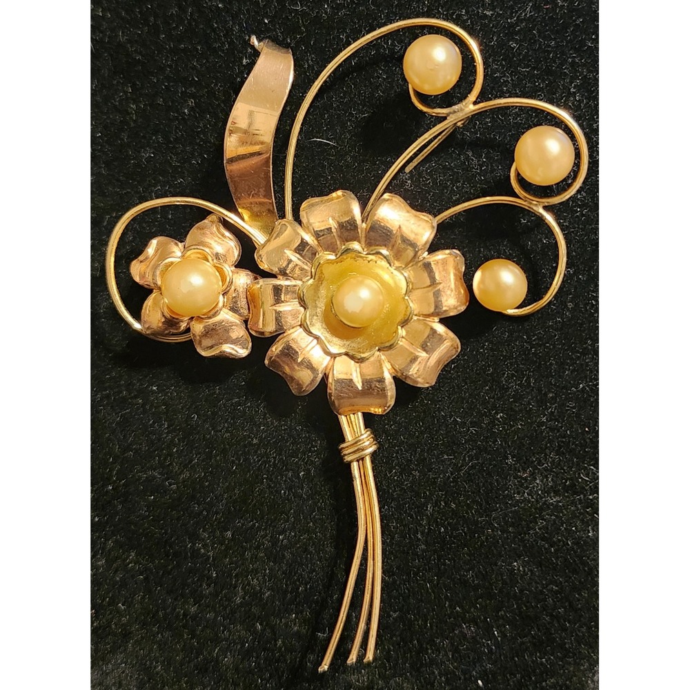 VTG Harry Iskin Faux Pearl Flower Brooch Gold 1/20 10K Gold Filled Gold-Tone